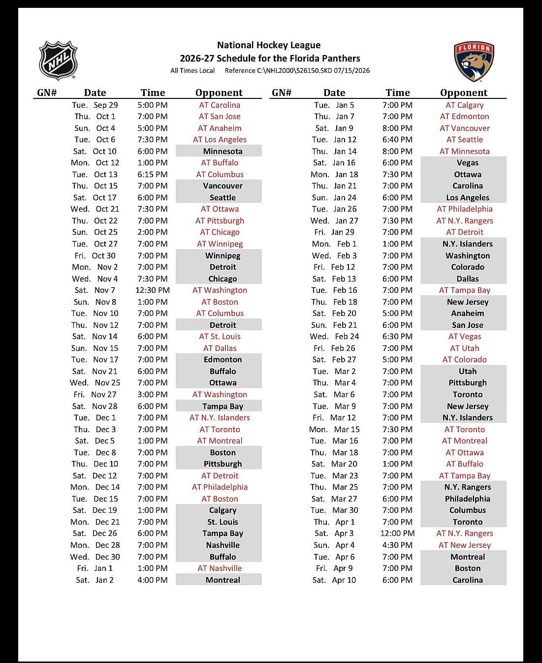 Florida panthers schedule