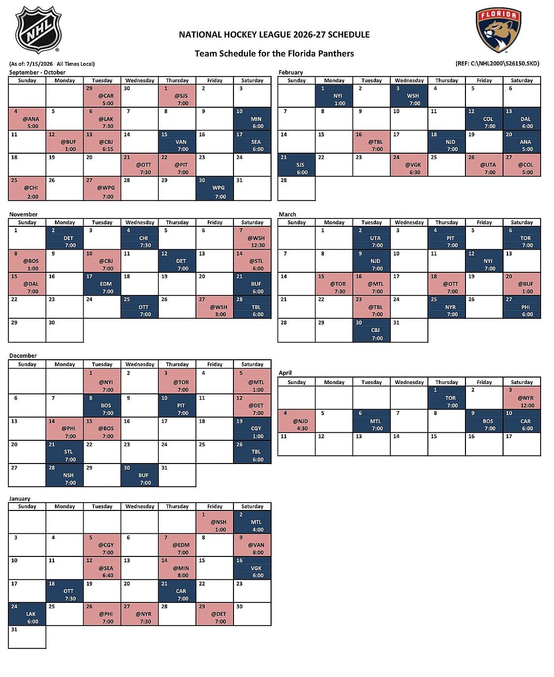 Florida panthers schedule