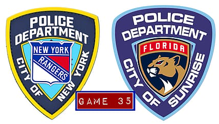 New York Rangers and Florida Panthers police department logos for Game 35