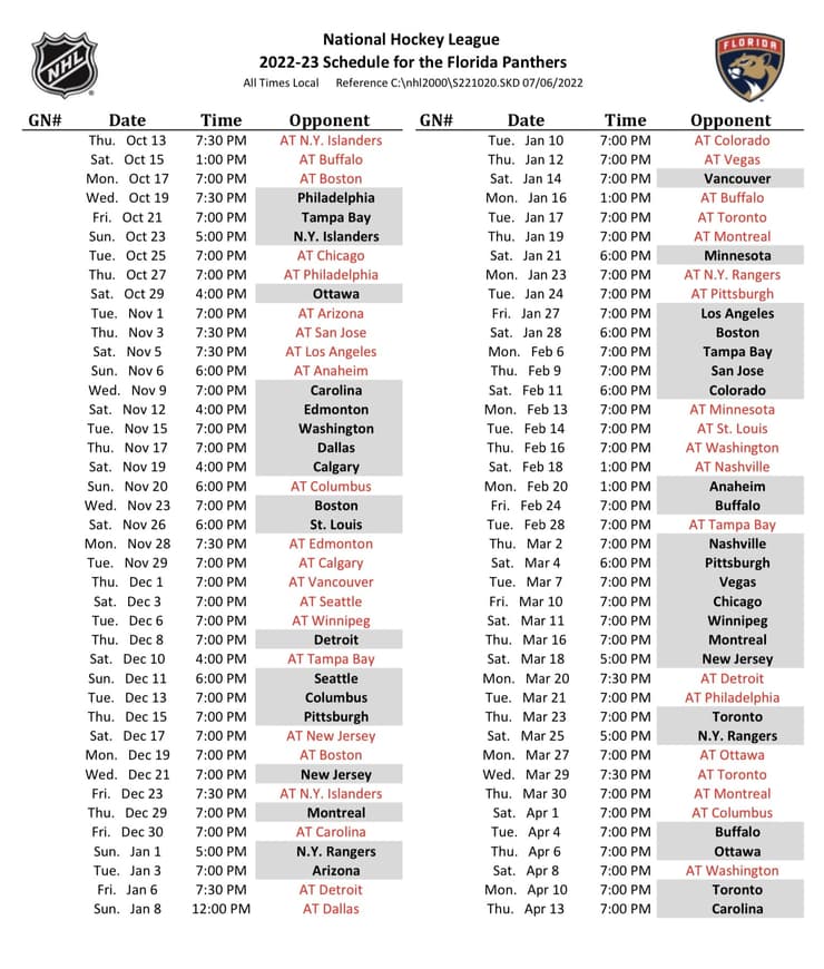 Florida panthers schedule