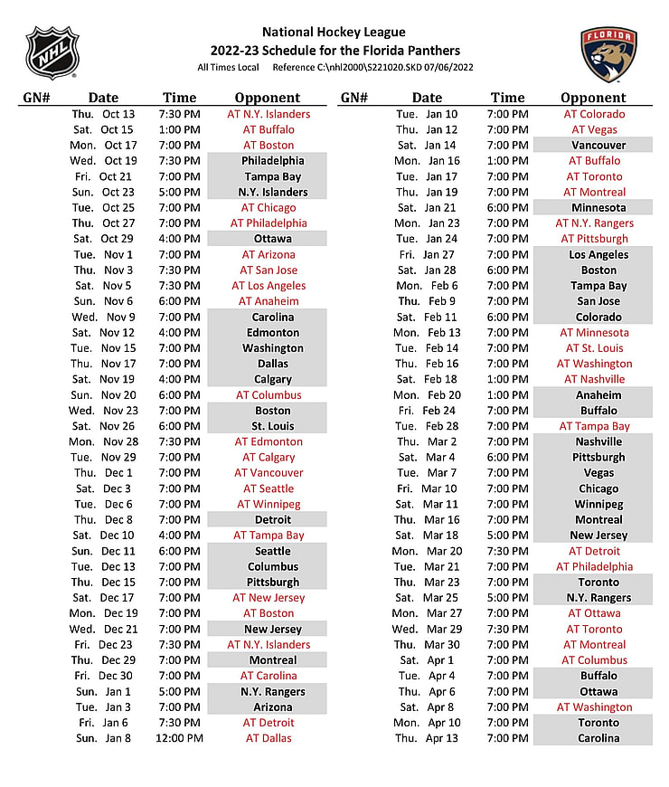 Florida panthers schedule