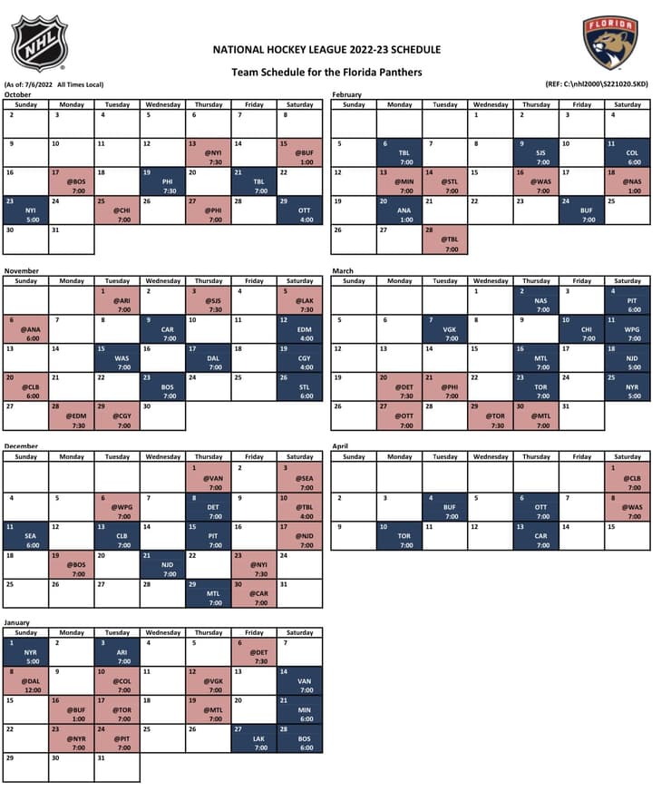 Florida panthers schedule